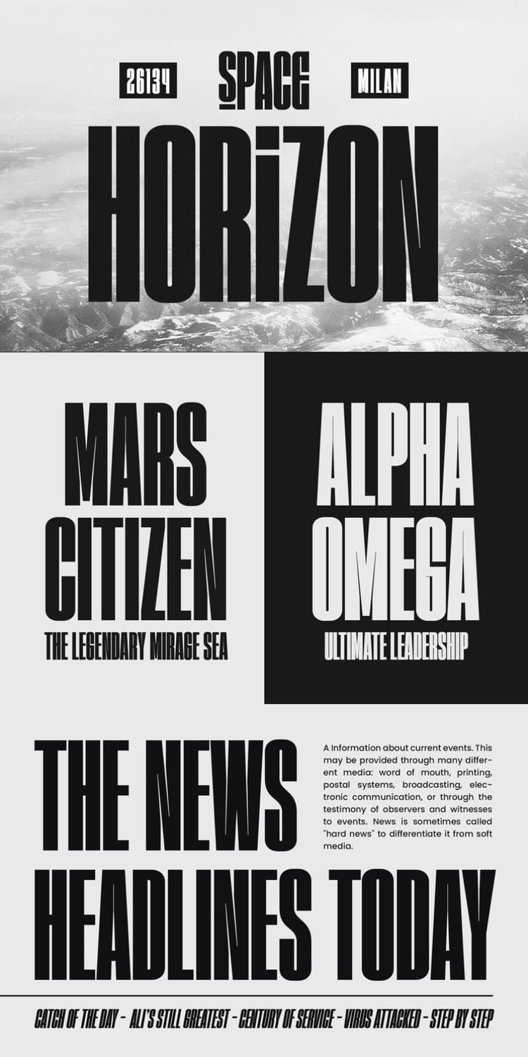 Design layouts featuring bold headlines set in the "Homura" font, including phrases like "Space Horizon," "Mars Citizen," and "The News Headlines Today" in a clean editorial style.