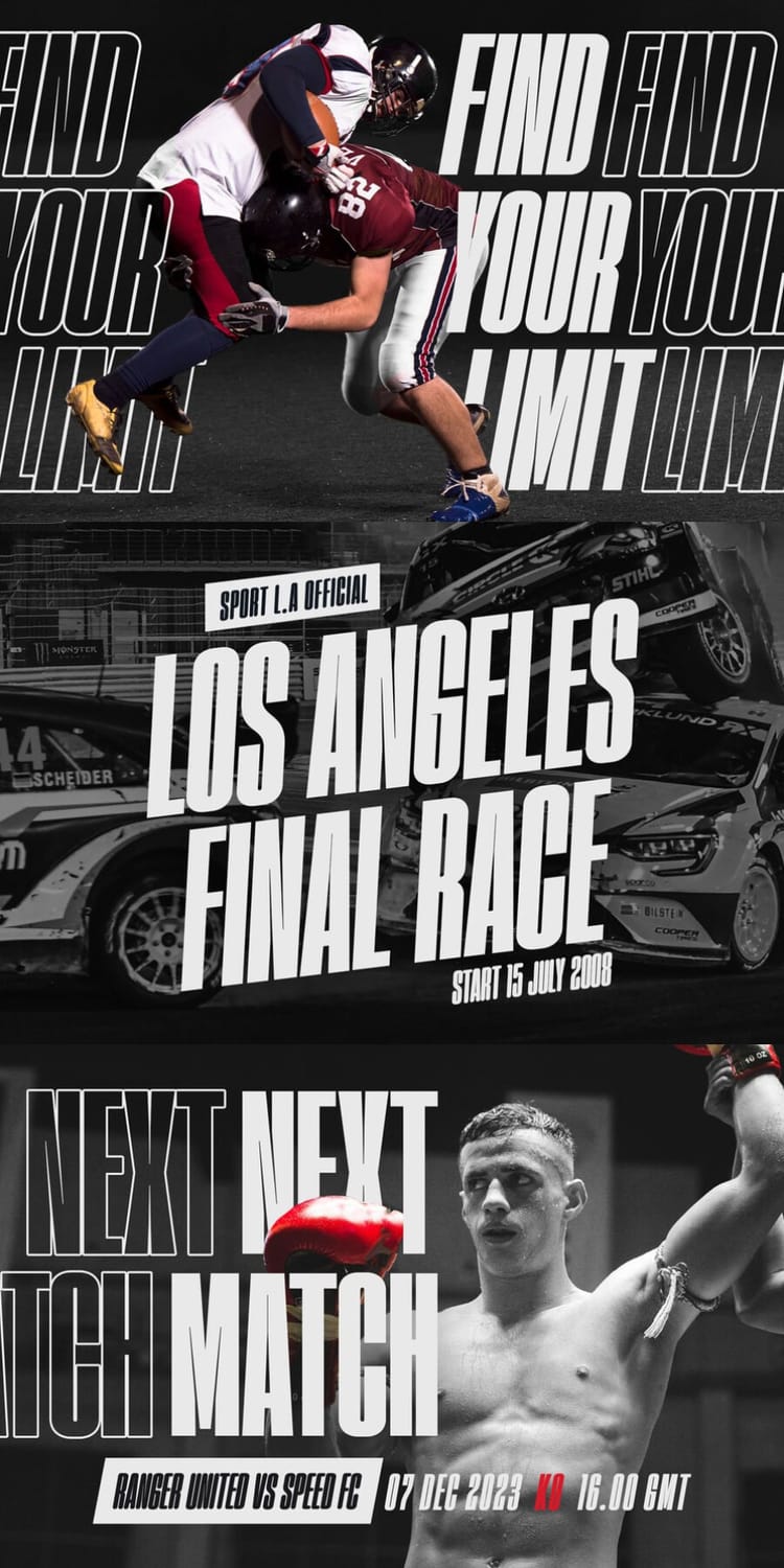 Action sports design posters utilizing the "Homura" condensed typeface for dynamic layouts like "Find Your Limit," "Los Angeles Final Race," and "Next Match".