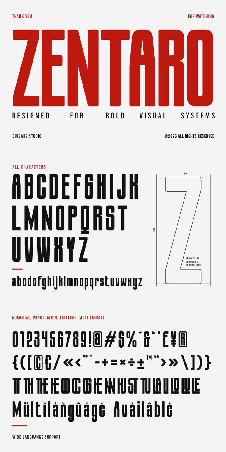 Typography specimen sheet for "Zentaro," a geometric condensed sans family designed by Qiubare Studio, showcasing uppercase and lowercase characters, numerals, punctuation, ligatures, and multilingual support.