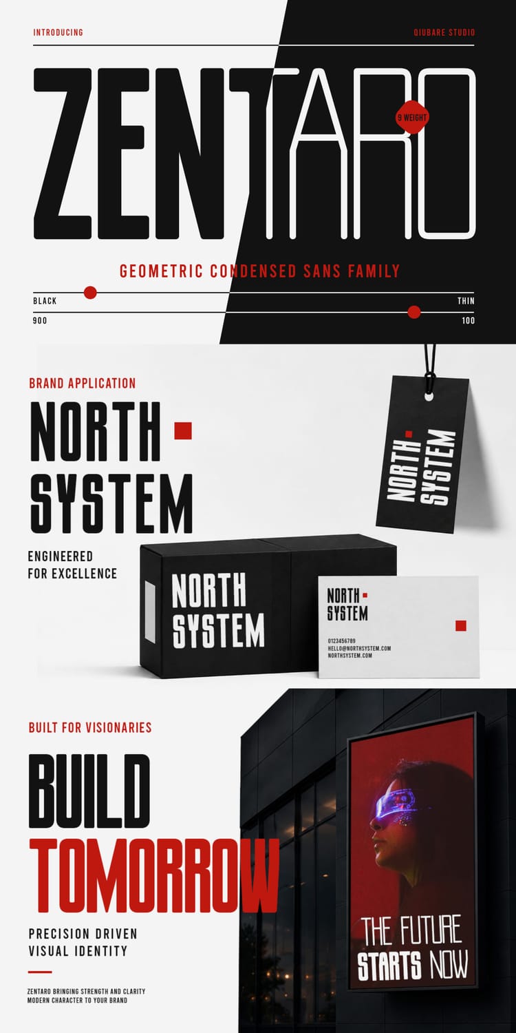 Branding and packaging mockups featuring the "Zentaro" geometric condensed sans font applied to "North System" product boxes, hang tags, business cards, and a futuristic outdoor advertising display.