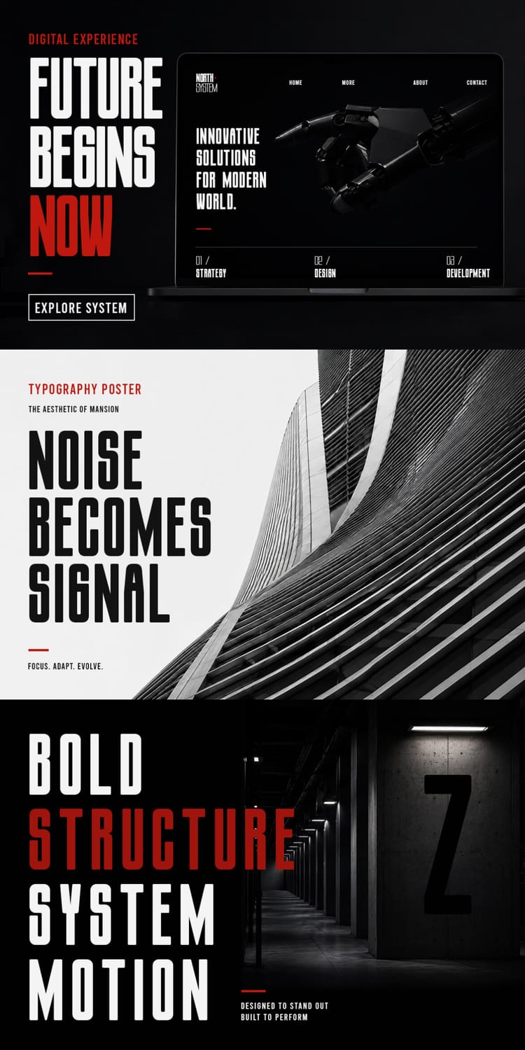 Digital web design layouts, architectural typography posters, and branding mockups utilizing the bold structure and clean geometry of the "Zentaro" font family.