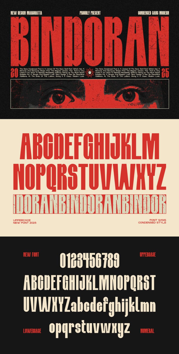 Typography specimen sheet for "Bindoran," a modern condensed sans font showcasing bold red and cream uppercase and lowercase letterforms, numerals, and textured display styles.