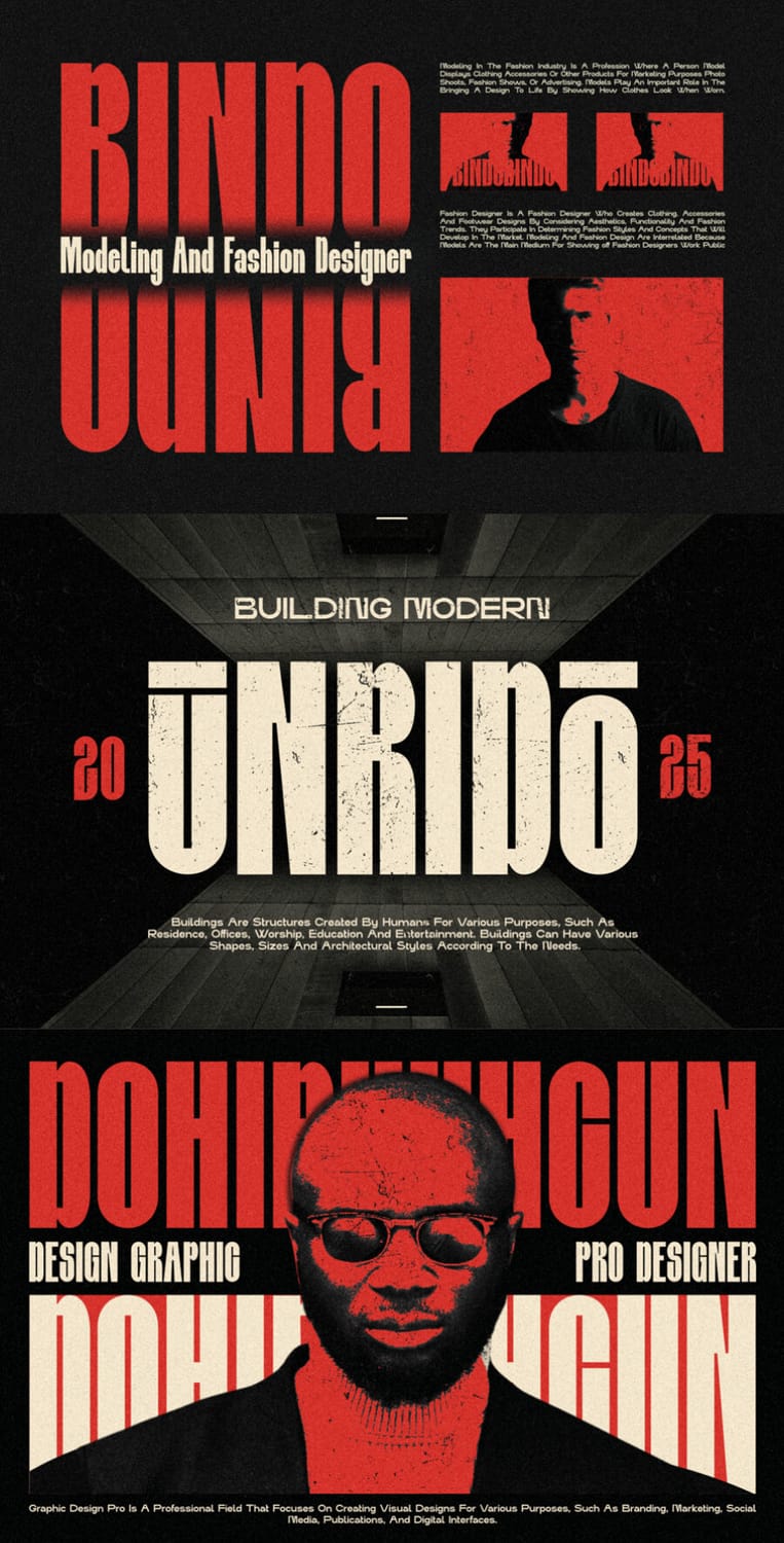 Design and branding layouts utilizing the "Bindoran" condensed typeface for editorial features such as "Modeling and Fashion Designer," architectural building presentations, and graphic design portfolios.