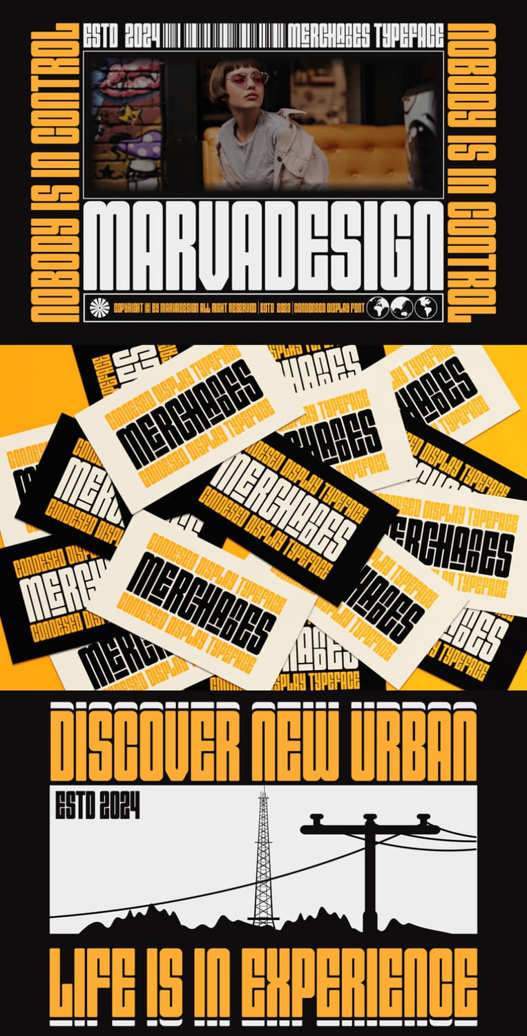 Graphic design mockups featuring the "Merchabes" condensed display font applied to brand identity cards, editorial photography layouts, and urban-themed promotional posters.
