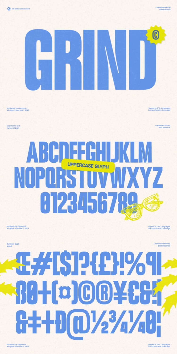 Typography character and glyph specimen sheet for "GC Grind Condensed," a bold condensed ink-trap font displaying uppercase letters, numerals, currency signs, and punctuation symbols in blue against a cream background.