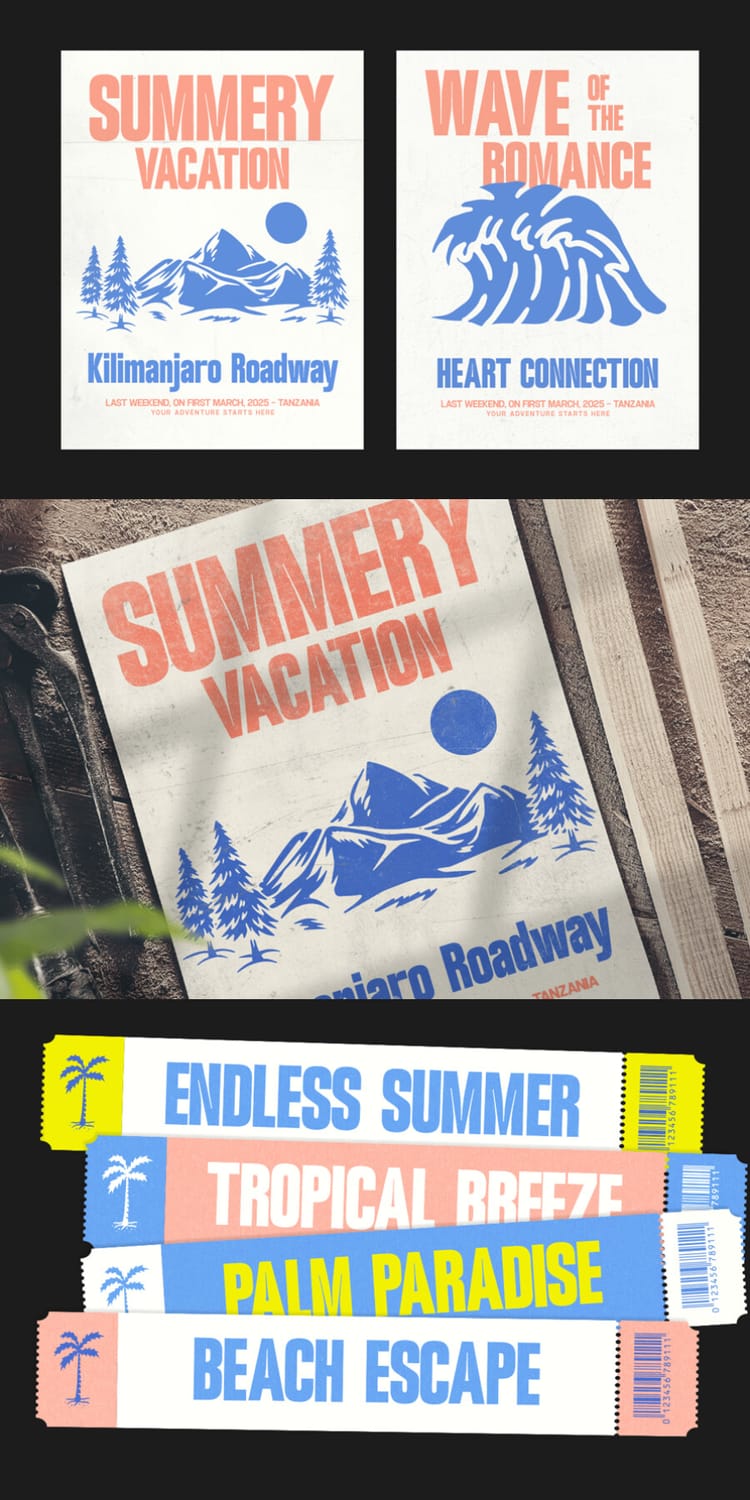 Travel-themed design posters utilizing the "GC Grind Condensed" font for headings like "Summery Vacation" and "Wave of the Romance" alongside colorful tropical event ticket mockups.