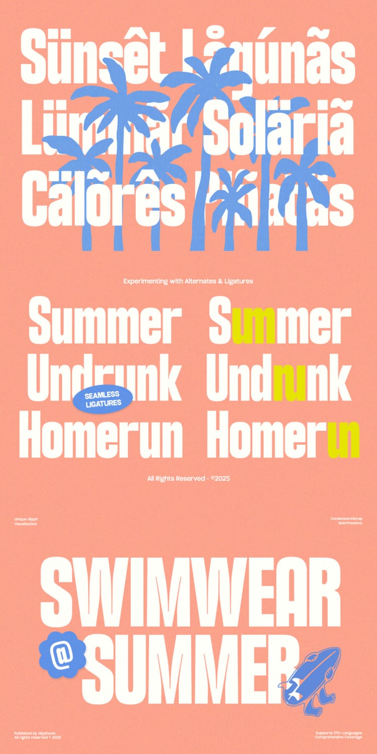 Summer-themed typography showcase for the "GC Grind Condensed" font featuring multilingual support, seamless ligatures, and playful headlines like "Swimwear @ Summer" against a peachy background.