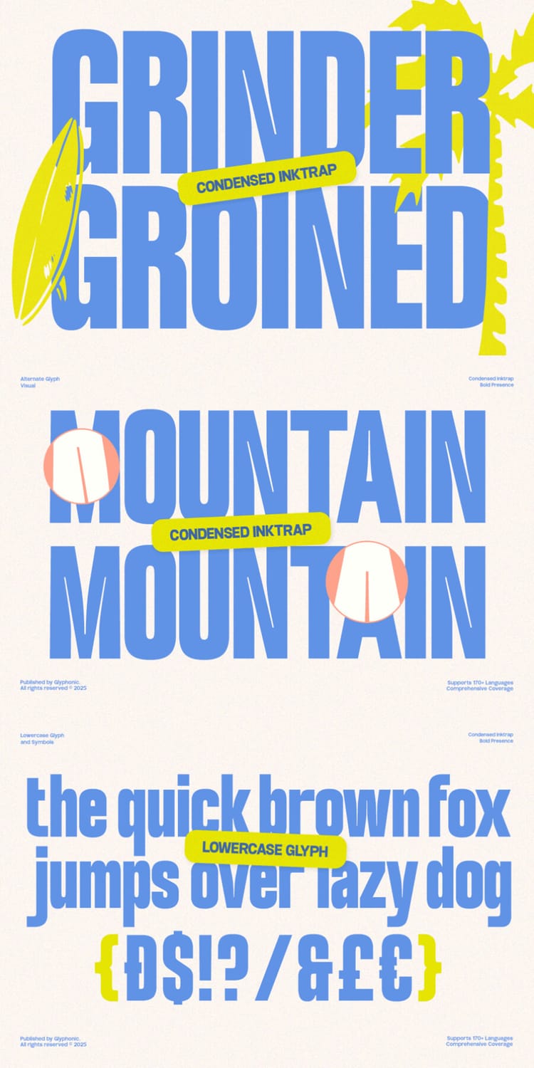 Presentation sheet for the "GC Grind Condensed" typeface showcasing alternate glyphs, ink-trap details, lowercase letterforms, and the classic pangram "the quick brown fox jumps over lazy dog".