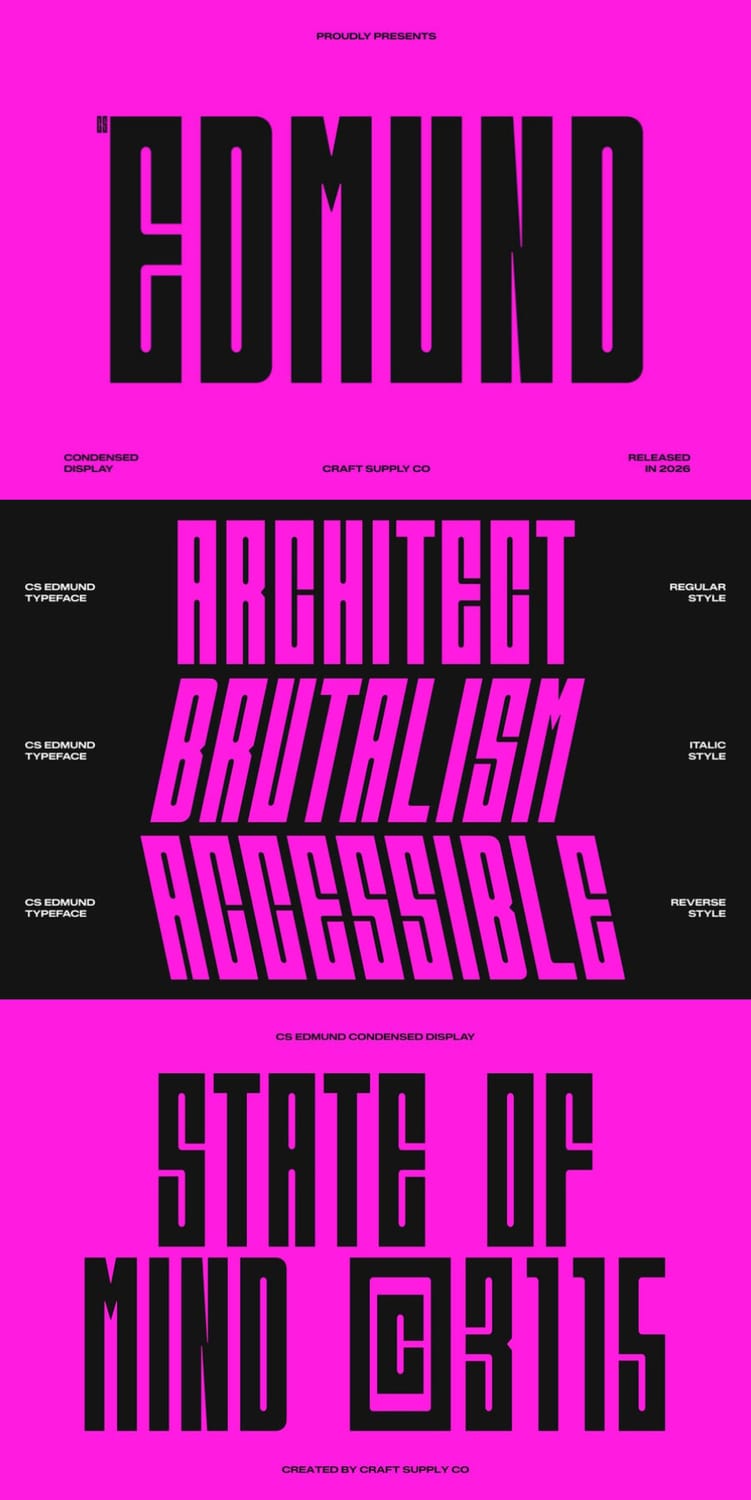 Typography showcase sheet for "CS Edmund," a condensed display typeface by Craft Supply Co featuring regular, italic, and reverse styles with bold black and hot pink layouts.