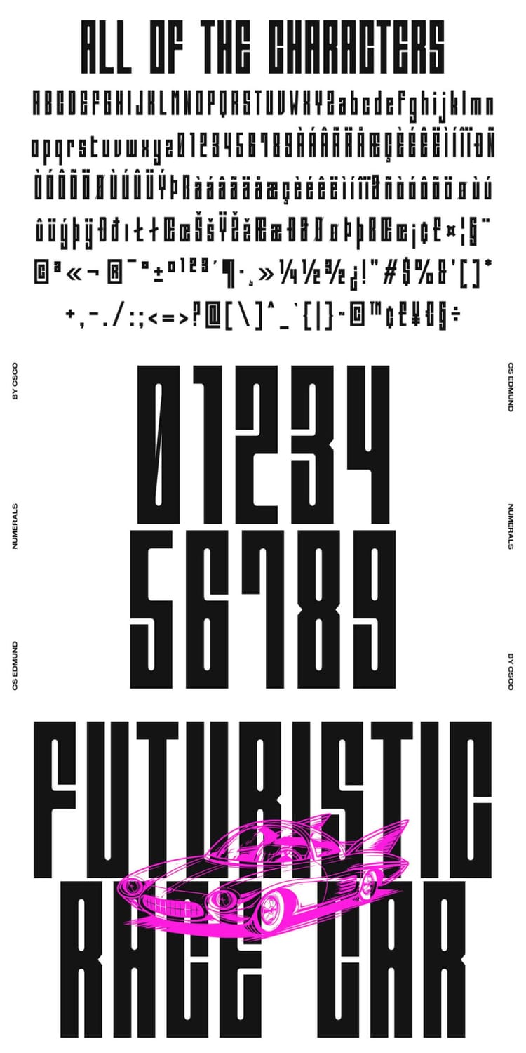 Character and glyph specimen sheet for the "CS Edmund" condensed font, showcasing uppercase and lowercase letters, multilingual support, numerals, and a futuristic race car design layout.
