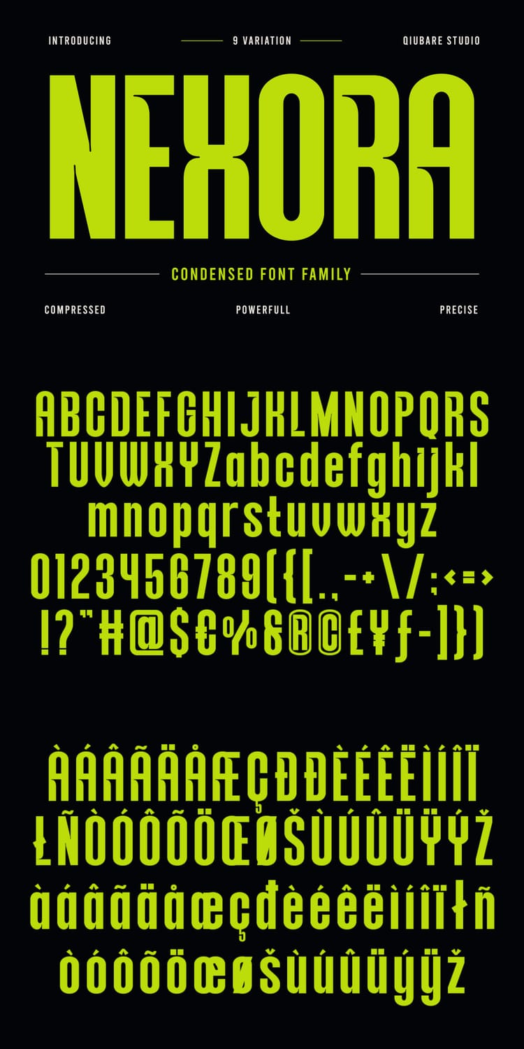 Typography specimen sheet for "Nexora," a compressed, powerful, and precise condensed font family showcasing uppercase and lowercase letterforms, numerals, punctuation, and multilingual characters in lime green against a black background.