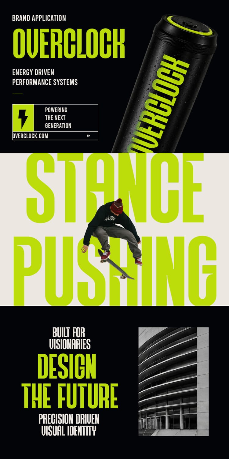 Branding mockups featuring the "Nexora" condensed typeface applied to an energy drink product design, a dynamic skateboarding poster with the headline "Stance Pushing," and architectural typography.