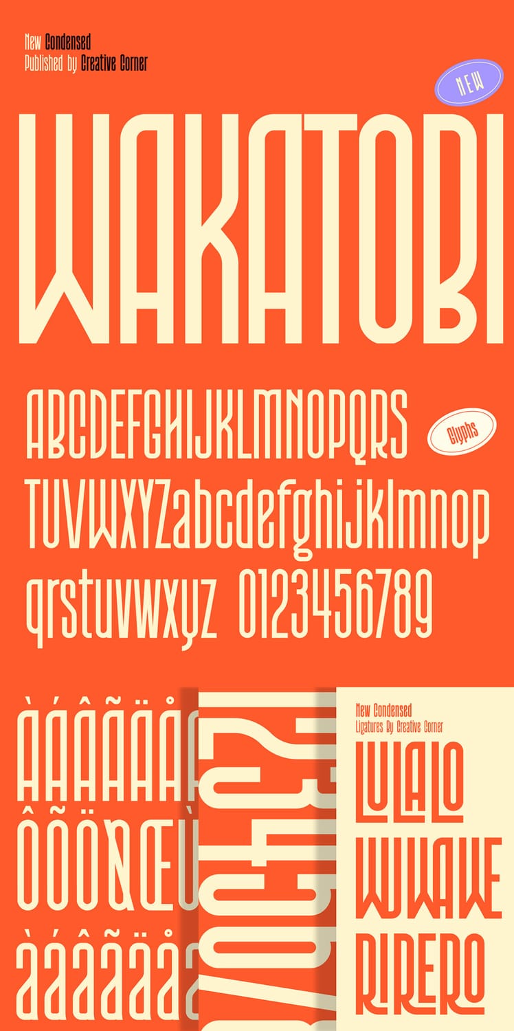 Typography specimen sheet for "Wakatobi," a condensed display font published by Creative Corner, featuring uppercase and lowercase letters, numbers, multilingual support, and custom ligatures in cream against an orange background.