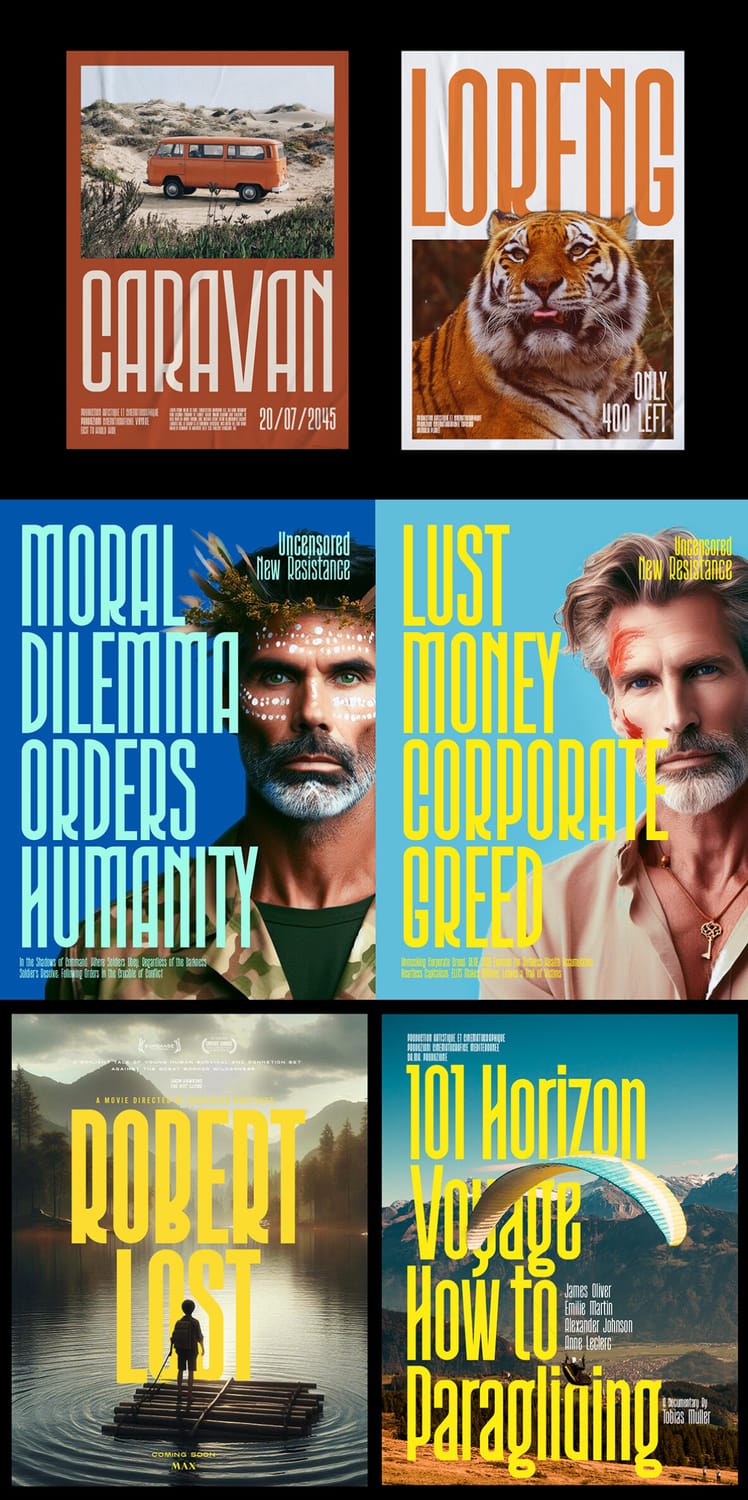 Magazine and movie poster layouts utilizing the "Wakatobi" typeface for titles such as "Caravan," "Loreng," "Moral Dilemma Orders Humanity," and "How to Paragliding".