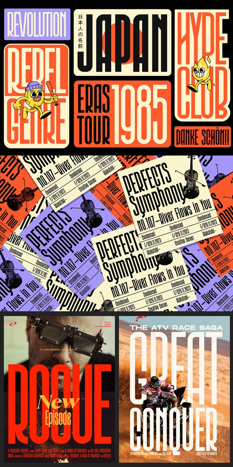 Graphic design mockups featuring the "Wakatobi" condensed font applied to retro badges, musical event tickets, a "Rogue" film poster, and an ATV race adventure poster.