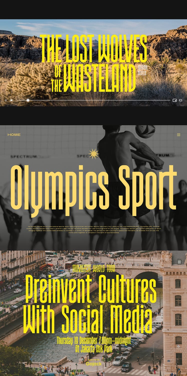 Cinematic video titles, website homepage headers, and urban event layouts showcasing the bold vertical style of the "Wakatobi" condensed font for designs like "The Lost Wolves of the Wasteland" and "Olympics Sport".