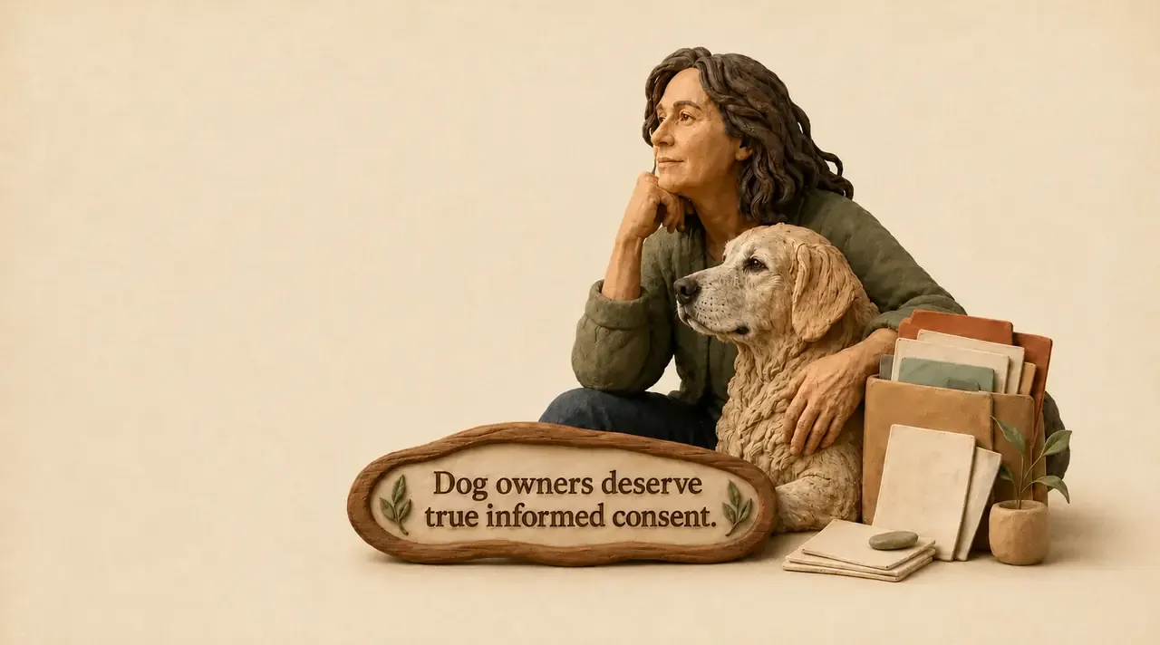 A thoughtful woman sitting with her dog beside organized petition documents and a clay sign reading, Dog owners deserve true informed consent.