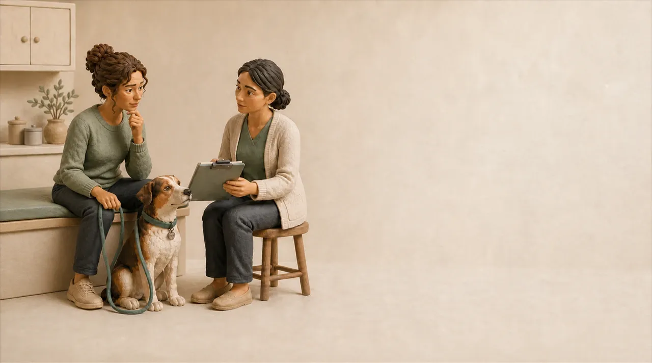 A dog owner speaking with a veterinary professional while her dog sits between them.