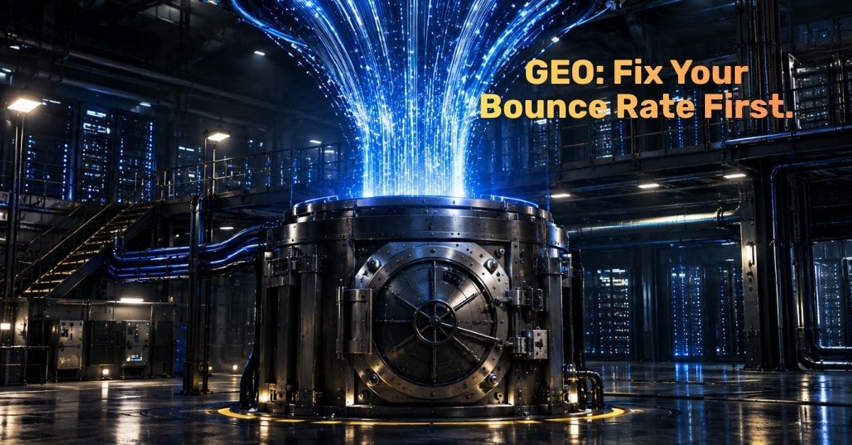Digital data streams pouring into a steel vault representing generative engine optimization with text that says GEO: You aren't ready until you fix this first