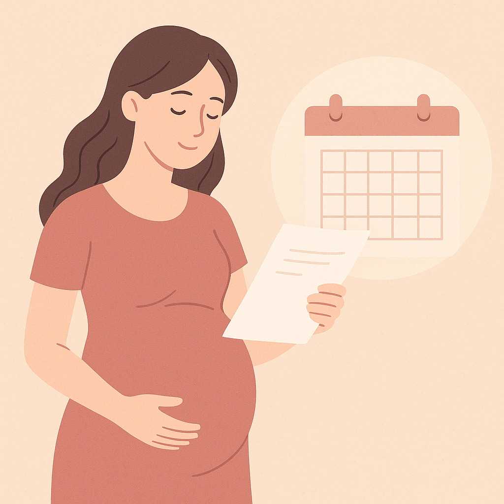 femme enceinte listant un document administratif avec un calendrier en fond