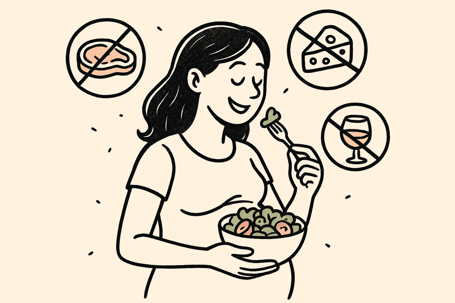 Illustration doodle d’une femme enceinte qui mange une salade, symbole d’une alimentation saine pendant la grossesse