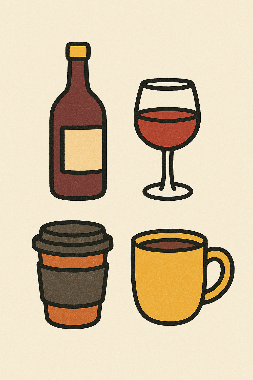 Illustration doodle en couleurs représentant l’alcool et le café, boissons à éviter ou limiter pendant la grossesse