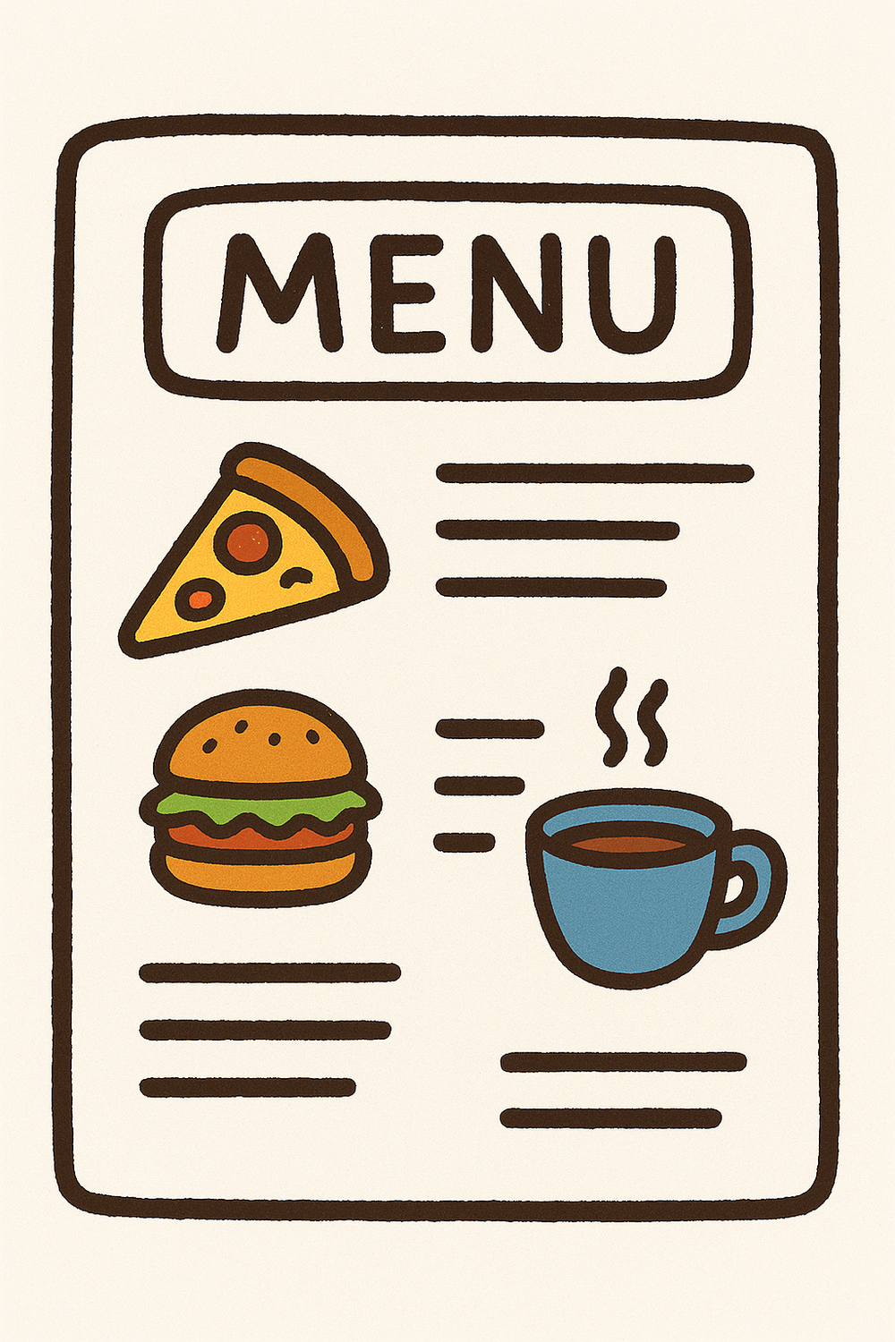 Illustration doodle en couleurs d’un menu alimentaire, utilisée comme exemple de repas pendant la grossesse