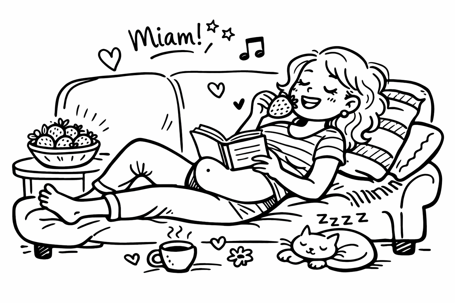 Illustration doodle d’une femme enceinte allongée sur un canapé, se détendant en mangeant une fraise et en lisant un livre