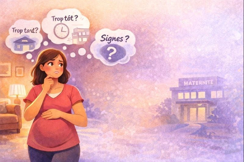 Illustration d’une femme enceinte hésitant entre partir à la maternité ou rester à la maison en fin de grossesse