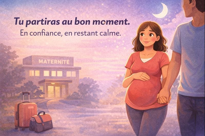 Illustration d’une femme enceinte sereine arrivant à la maternité avec son partenaire, prête à accoucher en confiance