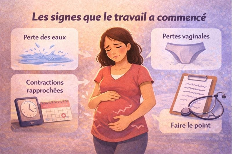 Illustration des signes que le travail a commencé pendant l’accouchement : contractions rapprochées et perte des eaux