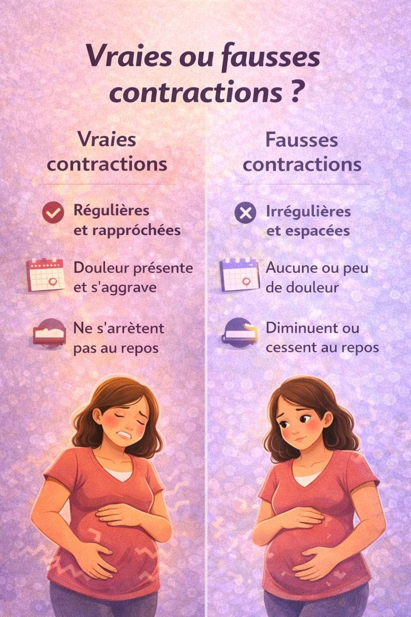 Illustration comparant les vraies contractions et les fausses contractions pendant la grossesse
