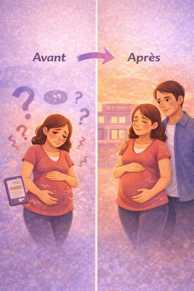 Illustration avant et après montrant une femme enceinte passant du stress à la sérénité avant l’accouchement