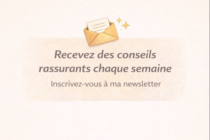 Illustration avec une enveloppe invitant à s’inscrire à la newsletter grossesse sur fond beige pour recevoir des conseils rassurants