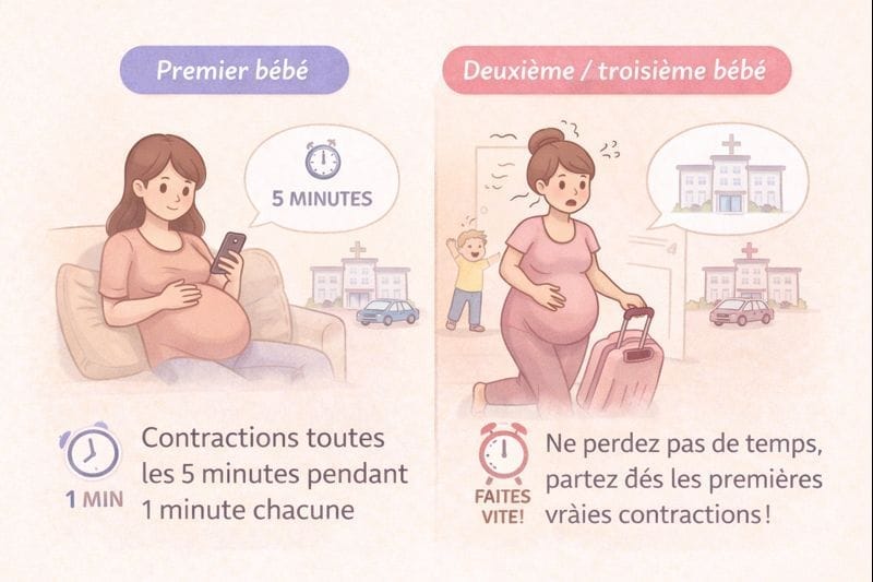 Illustration comparant quand partir à la maternité pour un premier bébé et pour un deuxième ou troisième bébé
