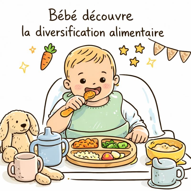 illustration d'un bébé découvrant la diversification alimentaire
