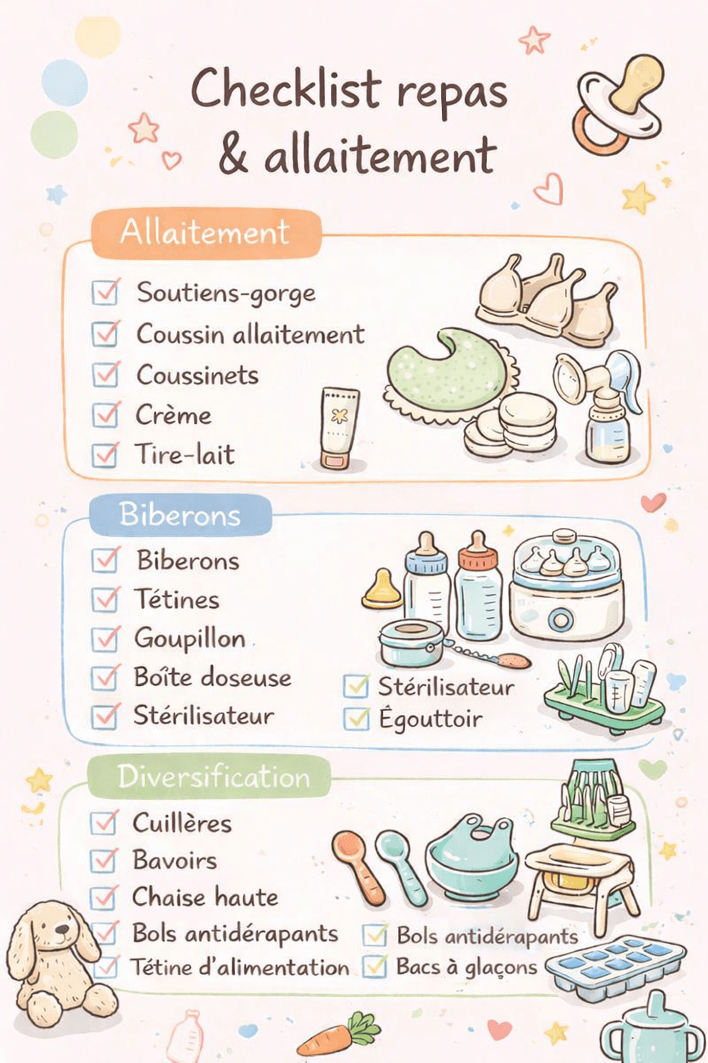 Checklist illustrée des indispensables pour les repas de bébé et l’allaitement : allaitement, biberons et diversification alimentaire, style doodle pastel.