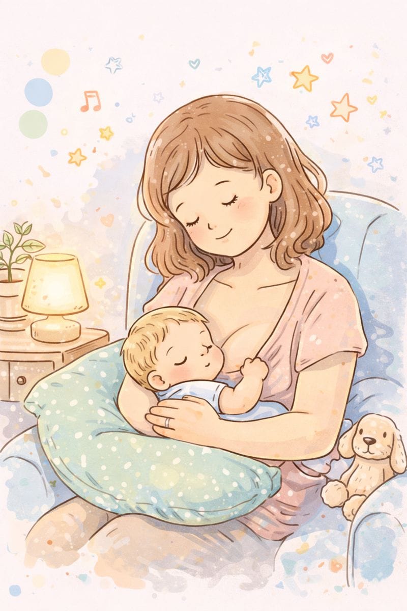 Illustration d’une maman allaitant son bébé dans une ambiance cocooning, pour illustrer les indispensables bébé pour les repas et l’allaitement.