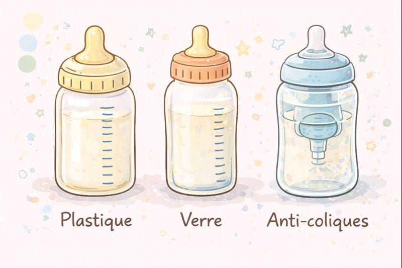 Illustration de trois biberons pour bébé : un biberon en verre, un biberon en plastique et un biberon anti-colique, pour comparer les différents types de biberons.