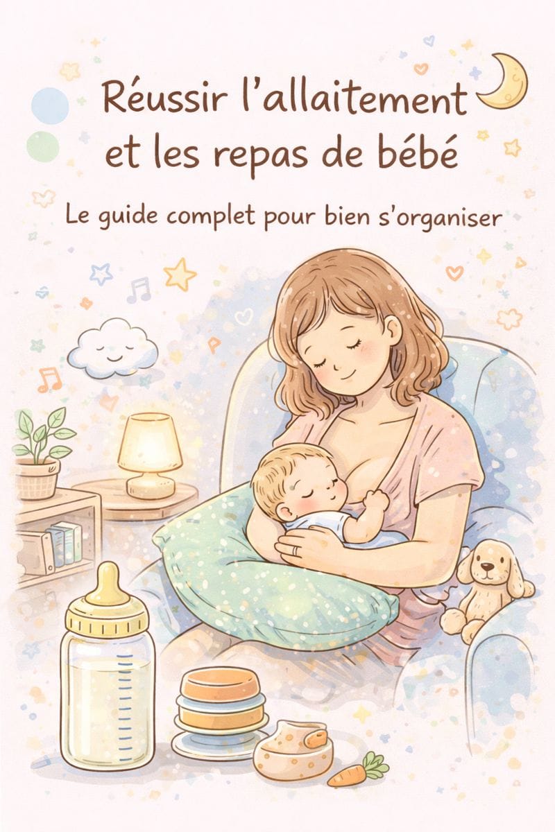 Illustration doodle d’une maman allaitant son bébé, avec biberon et accessoires de repas, dans une ambiance douce et cocooning.