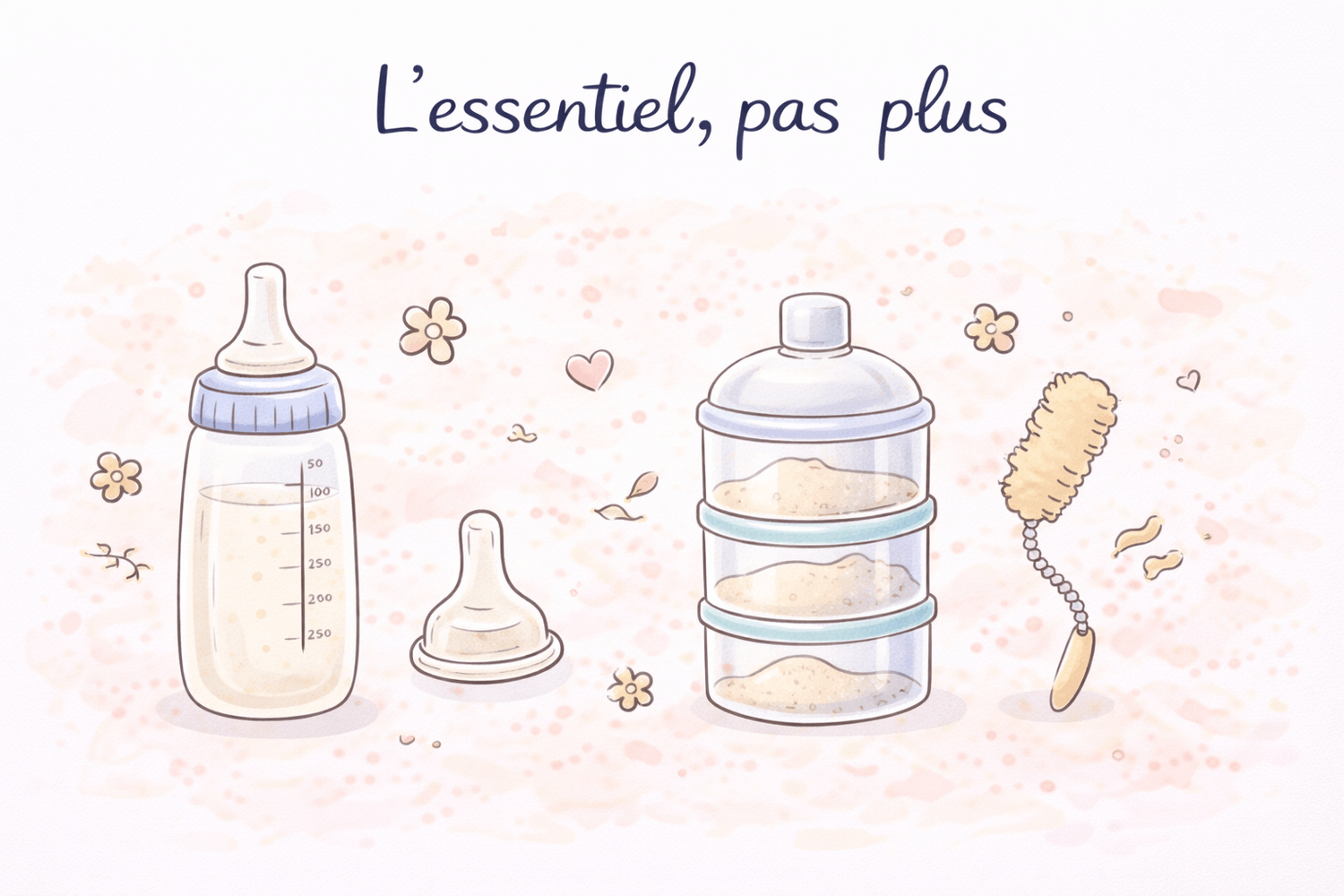 Illustration doodle des essentiels pour les repas au biberon : biberon, tétine, boîte doseuse et goupillon dans des tons pastel doux.