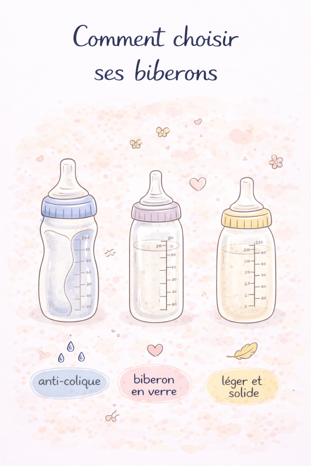 Illustration doodle comparatif de trois biberons bébé : anti-colique, en verre et léger solide, dans des tons pastel doux.