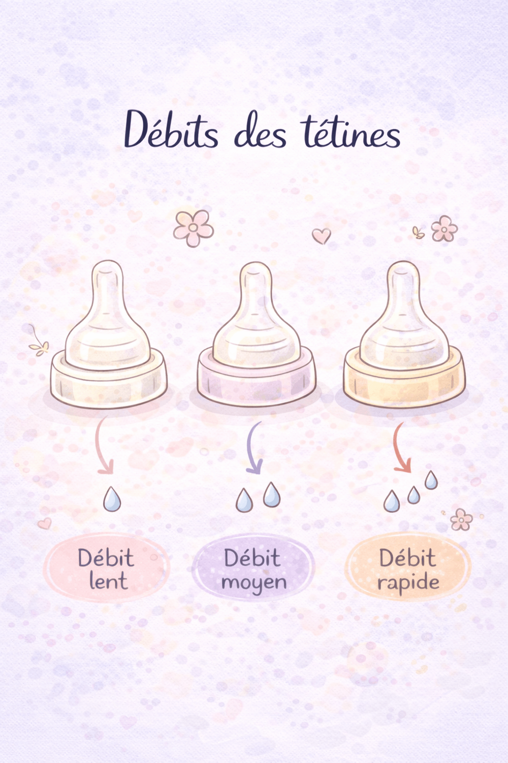 Illustration doodle des tétines de biberon avec débit lent, moyen et rapide dans des tons pastel rose et lavande.