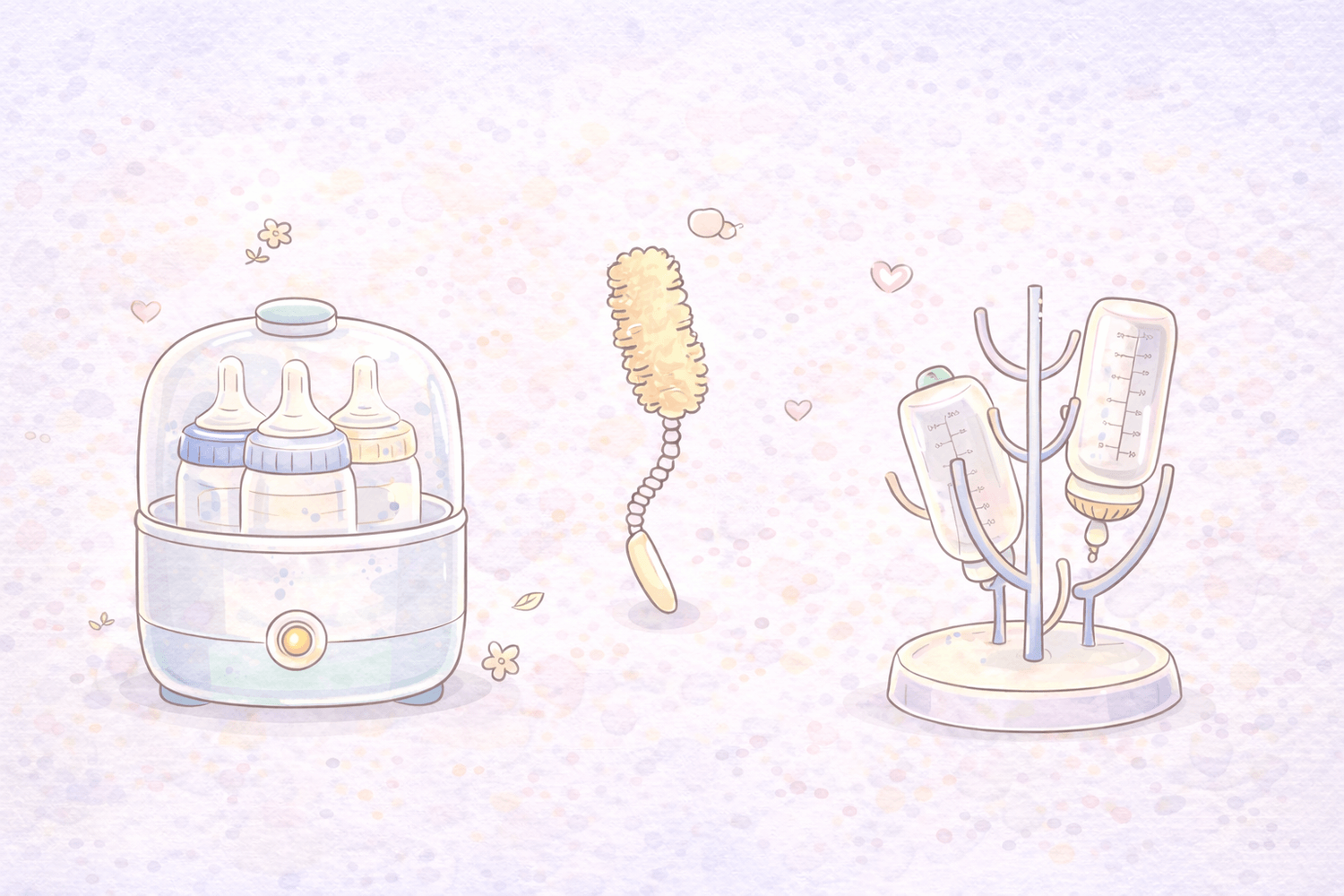 Illustration doodle des indispensables pour l’hygiène des biberons : stérilisateur, goupillon et égouttoir dans des tons pastel doux.