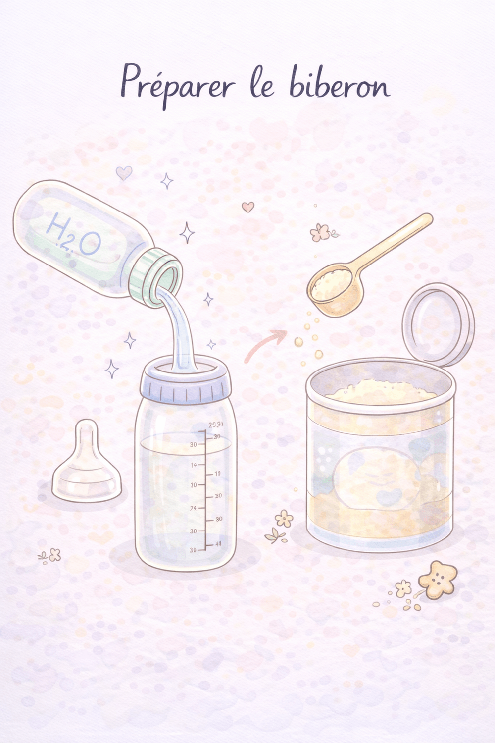 Illustration doodle de la préparation d’un biberon bébé : eau versée dans le biberon, mesure de lait infantile et tétine, dans des tons pastel doux.