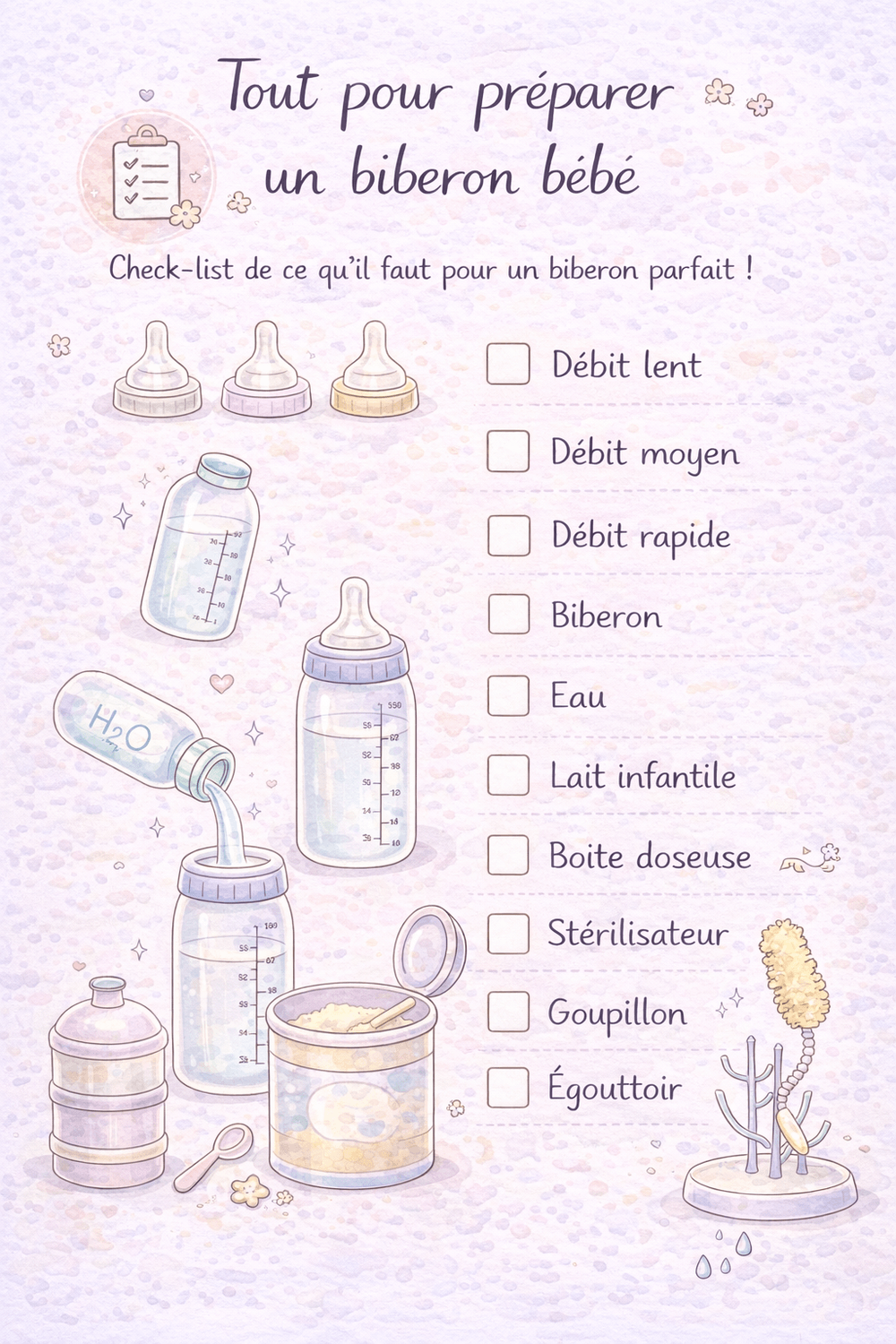 Illustration doodle checklist pour préparer un biberon bébé : tétines, biberon, eau, lait infantile, stérilisateur, goupillon et égouttoir dans des tons pastel doux.