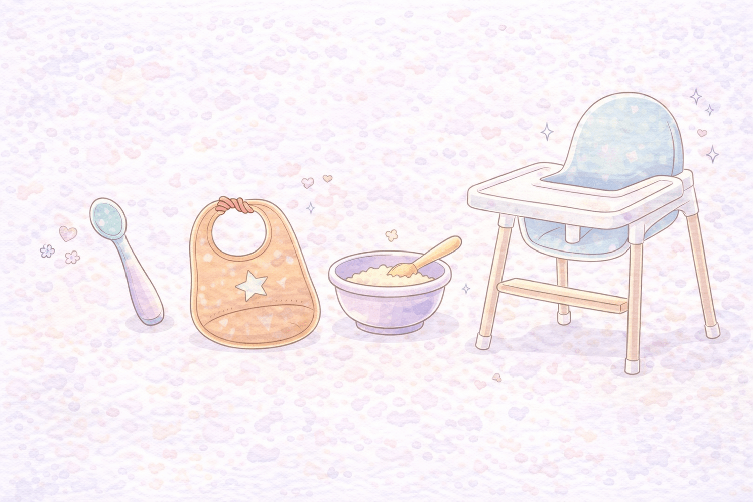 Illustration doodle des essentiels pour débuter la diversification alimentaire de bébé : cuillère silicone, bavoir, bol et chaise haute dans des tons pastel doux.