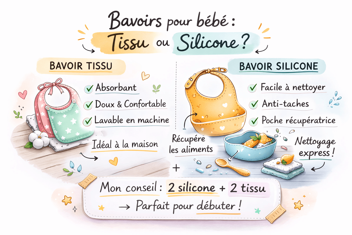 Illustration doodle comparatif des bavoirs bébé en tissu et en silicone, montrant leurs avantages pour la diversification alimentaire.