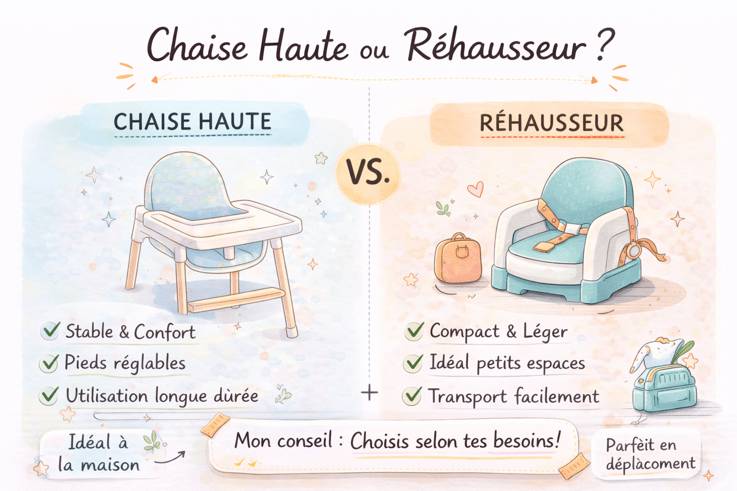 Illustration doodle comparatif entre chaise haute et rehausseur bébé, montrant leurs avantages pour la diversification alimentaire.