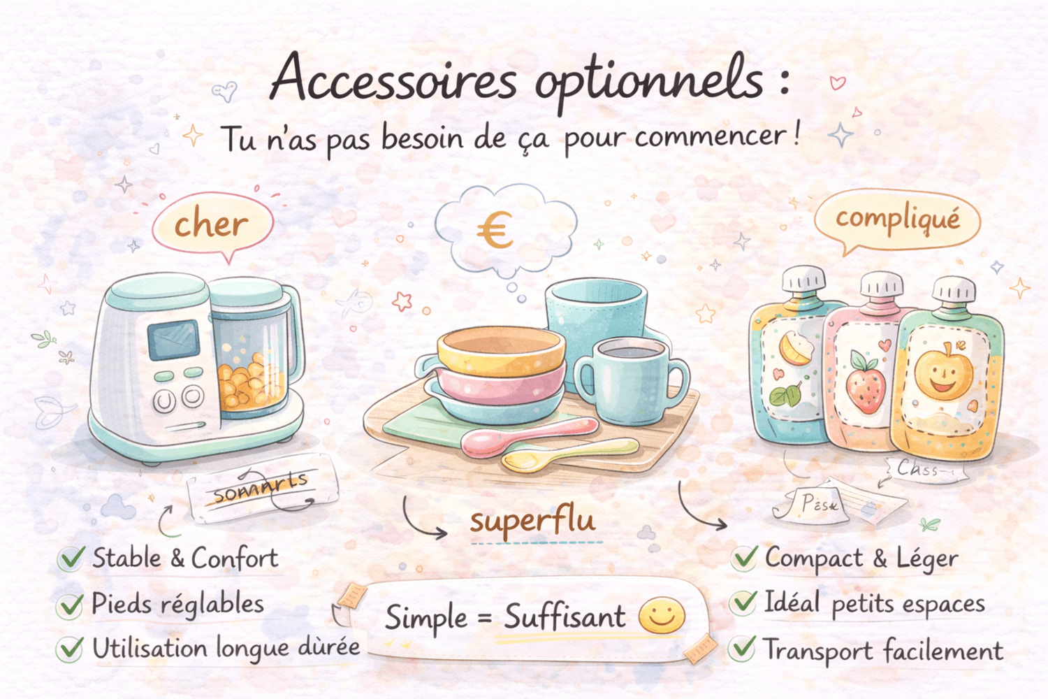 Illustration doodle des accessoires optionnels pour la diversification alimentaire de bébé : robot cuiseur, vaisselle complète et gourdes réutilisables.